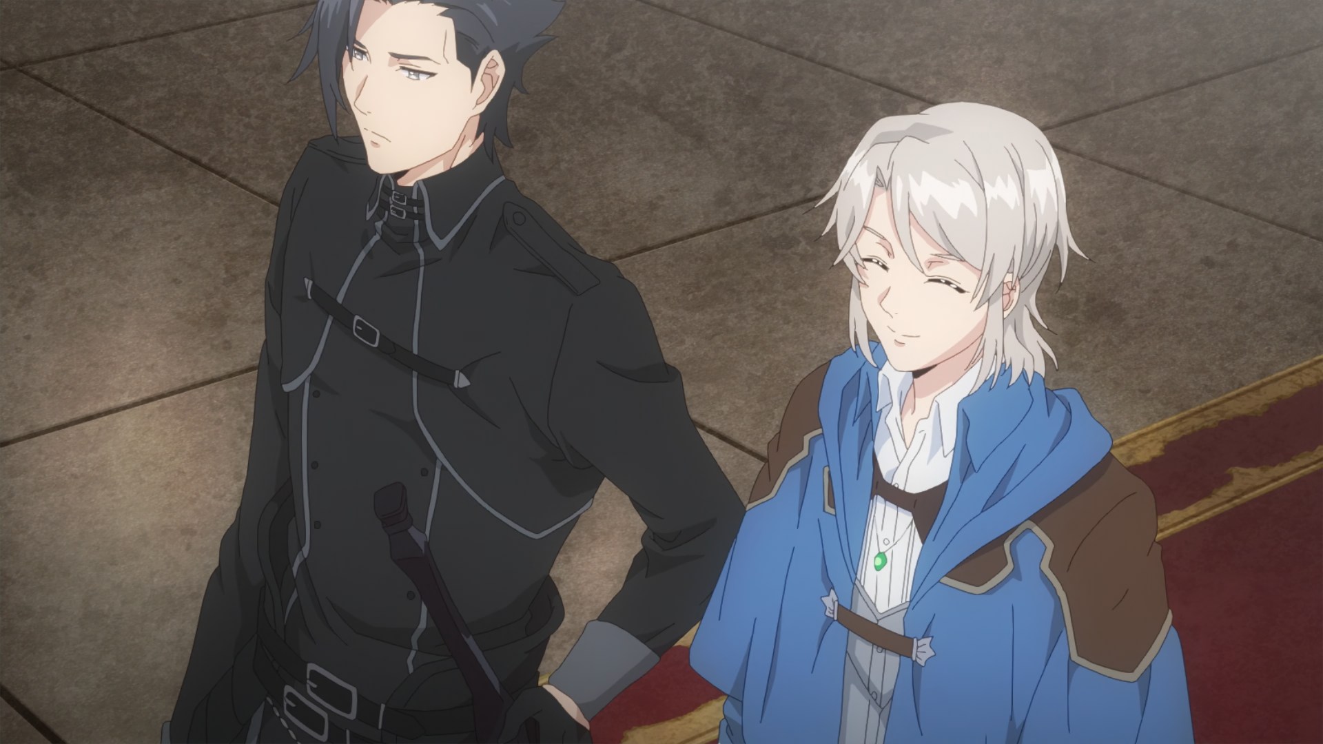 Gils, dressed all in black, hand on sword next to Lizel, smiling, clad in sky blue